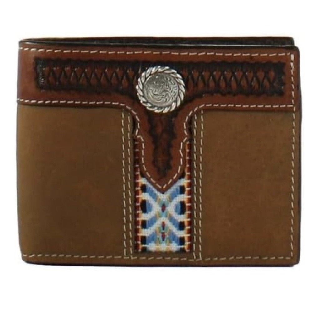 3D Men's Belt Bifold Tooled Aztec Wallet, Brown New